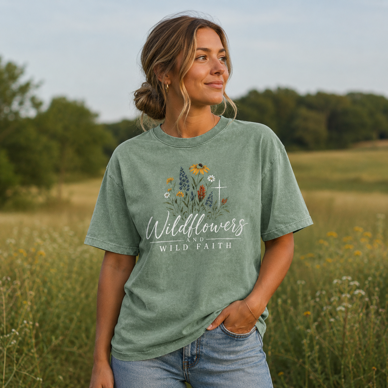 Wildflowers & Wild Faith T-Shirt - Bean Green